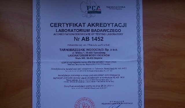 Tarnobrzeg. Certyfikat dla laboratorium Tarnobrzeskich Wodociągów.