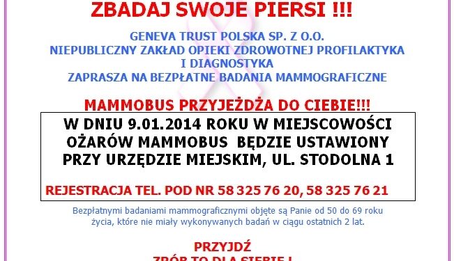 Bezpłatne badania mammograficzne w Ożarowie