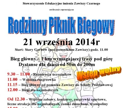 Stary Garbów. Piknik biegowy połączony z przedstawieniem działalności Stowarzyszenia Edukacyjnego imienia Zawiszy Czarnego.