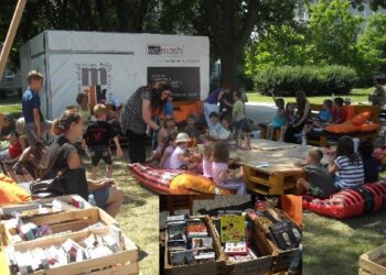 Stalowa Wola: Czytelnia pod chmurką przy fontannie.