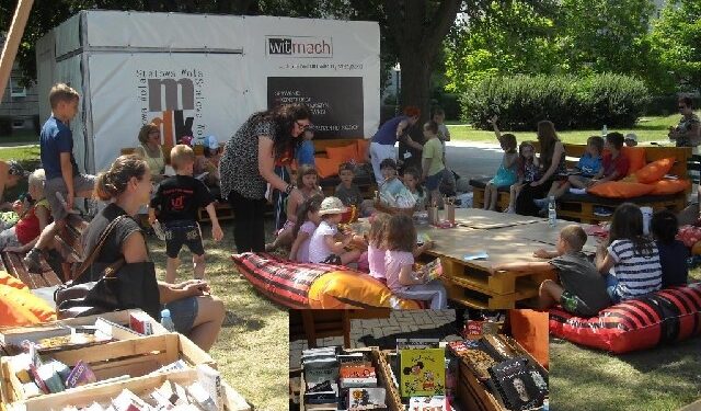 Stalowa Wola: Czytelnia pod chmurką przy fontannie.