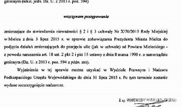 Mielec: Uchwała Rady Miasta zakwestionowana.
