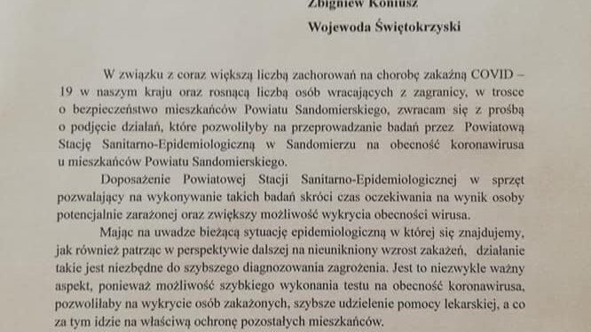 Sandomierz: Starosta prosi o możliwość przeprowadzania testów na obecność koronawiusa przez sandomierski sanepid.