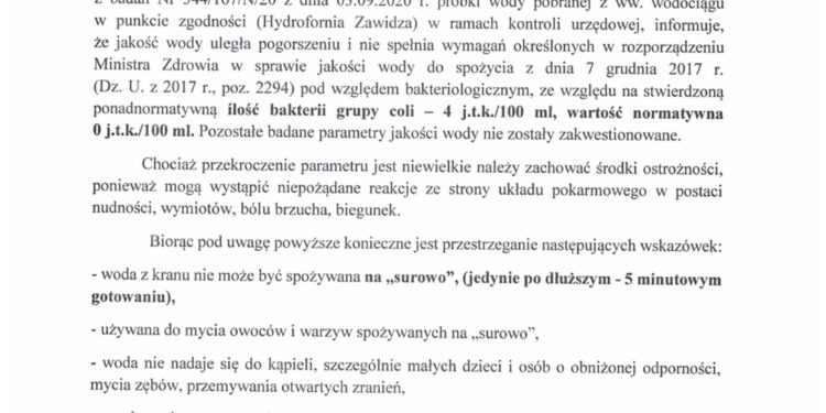 Łoniów: Bakteria coli w wodzie.