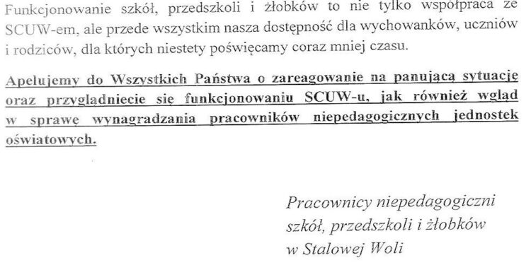 Stalowa Wola: Anonimowy apel pracowników niepedagogicznych szkół i przedszkoli