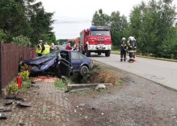 Sokolniki: Uderzył w betonowy przepust i ogrodzenie, trzy osoby w szpitalu