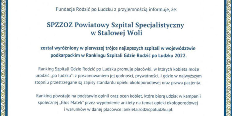 Stalowa Wola: Stalowowolski szpital w pierwszej trójce na Podkarpaciu w rankingu 'Rodzić po ludzku’.