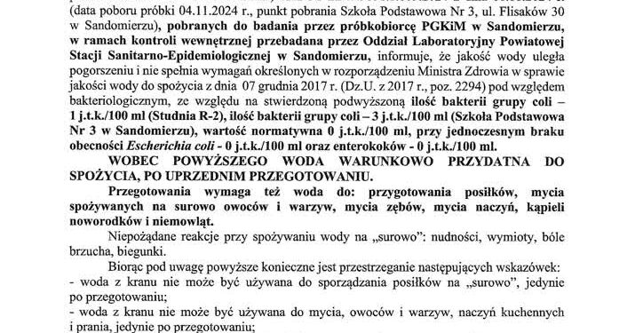 Komunikat Przedsiębiorstwa Gospodarki Komunalnej o pogorszeniu jakości wody w Sandomierzu 6 listopada 2024