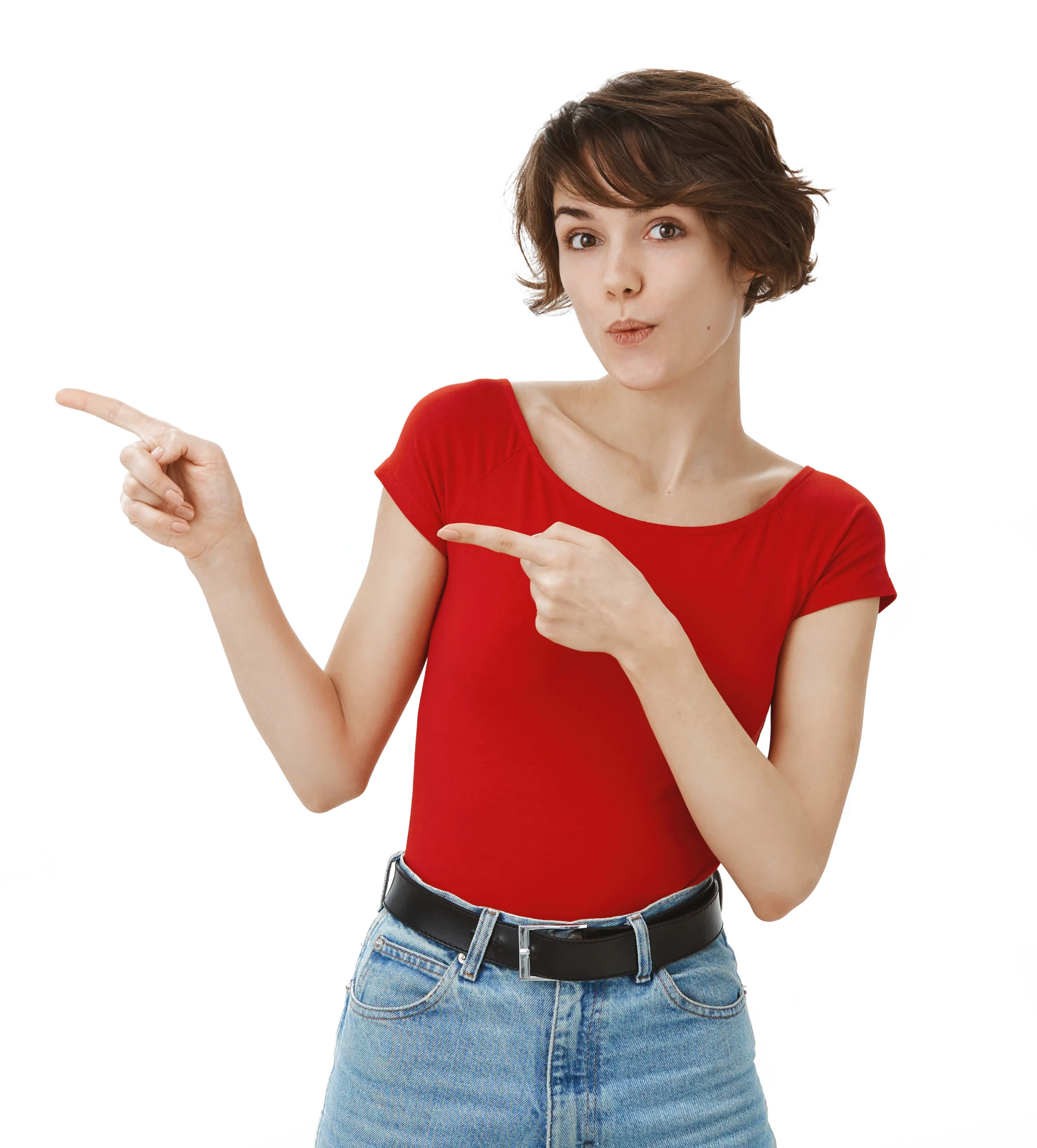 short-hair-girl-posing-red-tshirt