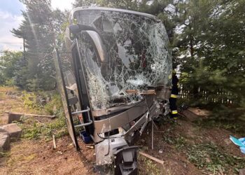 Stale. Autobus uderzył w ogrodzenie zakładu. Kierowca trafił pod opiekę ratowników